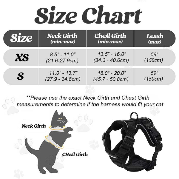 Cat Harness Black Size Chart