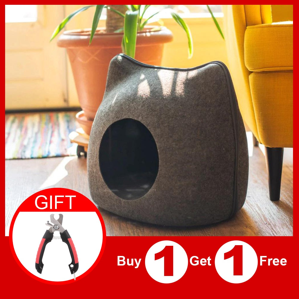 Portable Cat Shape Pet Bed Cat Cave Sleeping Bag Zipper Egg Shape Felt Cloth Pet House Nest Cat Basket with Cushion
